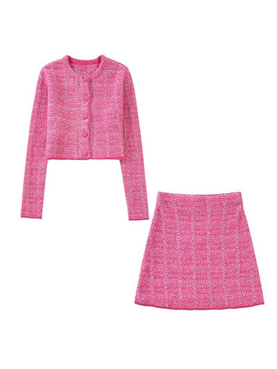 Γυναικείο Σετ Πλεκτό Παλτό με υφή Μόδα Μακρυμάνικο μπουφάν με λαιμόκοψη 2 τεμάχια Ανοιξιάτικο κομψό γυναικείο κοστούμι casual ροζ κοντή φούστα