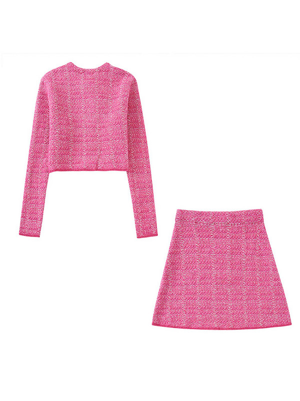 Γυναικείο Σετ Πλεκτό Παλτό με υφή Μόδα Μακρυμάνικο μπουφάν με λαιμόκοψη 2 τεμάχια Ανοιξιάτικο κομψό γυναικείο κοστούμι casual ροζ κοντή φούστα