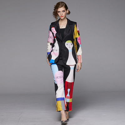 Σετ κοστούμι σχεδιαστή μόδας 2021 Φθινοπωρινό Γυναικείο μακρυμάνικο στάμπα κινουμένων σχεδίων Κομψό μπλέιζερ +Ελαστικό παντελόνι μέσης Σετ δύο τεμαχίων Γυναικείο