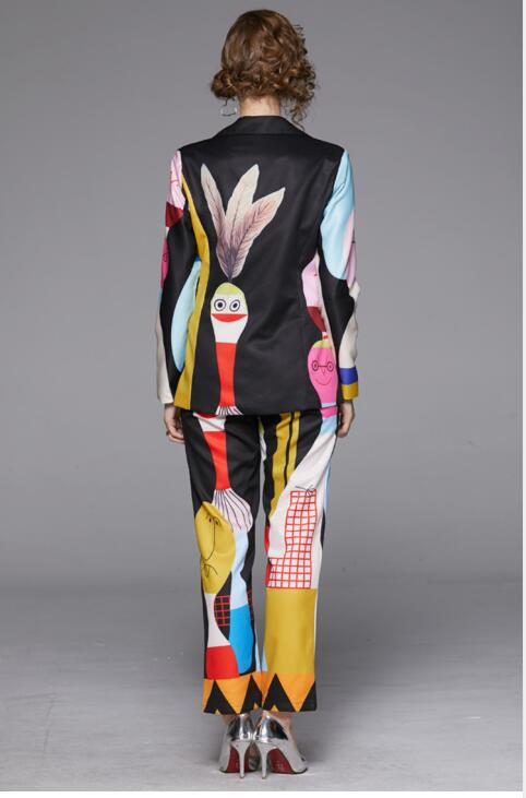 Σετ κοστούμι σχεδιαστή μόδας 2021 Φθινοπωρινό Γυναικείο μακρυμάνικο στάμπα κινουμένων σχεδίων Κομψό μπλέιζερ +Ελαστικό παντελόνι μέσης Σετ δύο τεμαχίων Γυναικείο