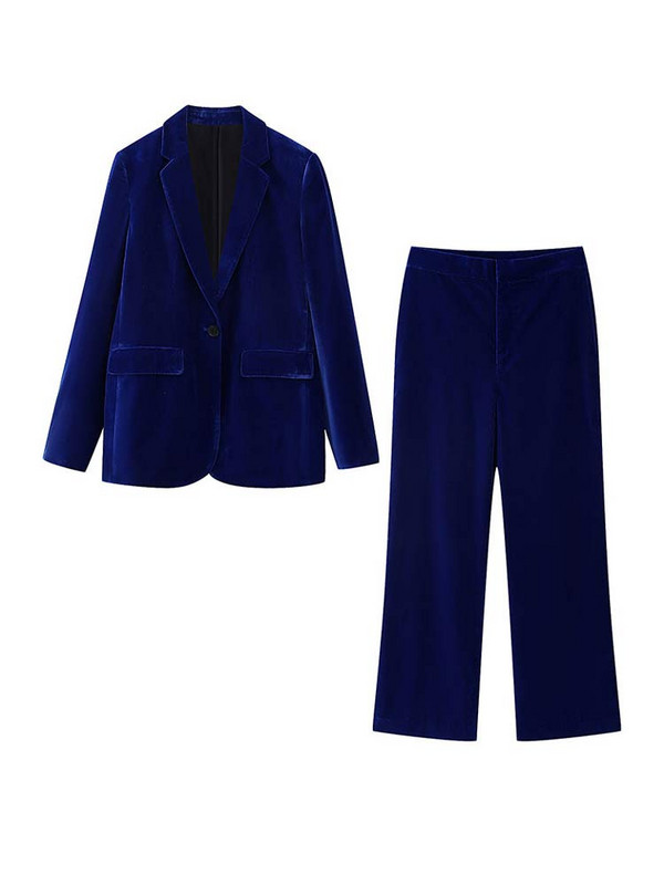 Μπλε βελούδινο μπλέιζερ Γυναικείο Μόδα Μακρυμάνικο Τσέπες με ένα κουμπί Παλτό Γραφείο Γυναικεία Κομψά ρούχα Jaquetas Femininas