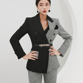 Γυναικείο OL Business Set 2022 Autumn Slim Houndstooth Patchwork Παλτό σακάκι με εγκοπές + Ψηλόμεση Παντελόνι με μολύβι Σετ εργασίας 2 τεμαχίων