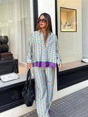 Γυναικεία Μόδα Εκτύπωση ColorBlock Μεταξωτό Σατέν Πουκάμισο Παντελόνι Casual Κοστούμια ίσια παντελόνια 2022 Φθινόπωρο 2 κομμάτια Street