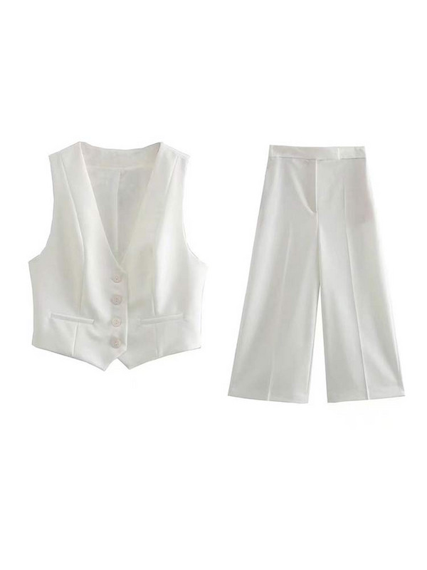 Női alkalmi, tömör, rövid mellényes nadrágkosztüm, női, elegáns, egysoros felső, széles szárú nadrágszettek 2022-es divatos ingázási ruhák