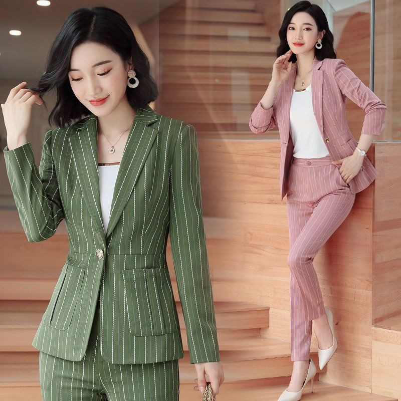 New Work Fashion Costume pantaloni Set 2 piese pentru femei Blazer cu dungi Jachetă și pantaloni Costum de birou pentru afaceri Costum de damă Feminino P275