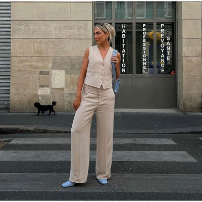 Naiste mood, ühe rinnaga vest, sirge pükskostüüm, naiste V-kaelusega kõrge vöökohaga püksid, 2-osalised 2022. aasta elegantsed rõivad