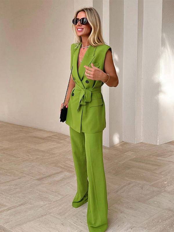 Elegantni jednobojni sako bez rukava bez rukava za žene Elegantni komplet ravnih hlača visokog struka širokih nogavica 2022. Ljeto 2022.