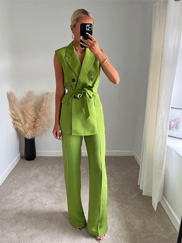 Elegantni jednobojni sako bez rukava bez rukava za žene Elegantni komplet ravnih hlača visokog struka širokih nogavica 2022. Ljeto 2022.