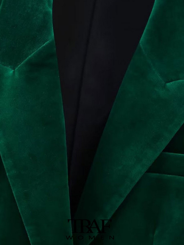 TRAF Γυναικεία Μόδα Μόδα με Κουμπί Velvet Blazer παλτό και ίσιο παντελόνι στη μέση της μέσης Γυναικείο σετ δύο τεμαχίων Mujer