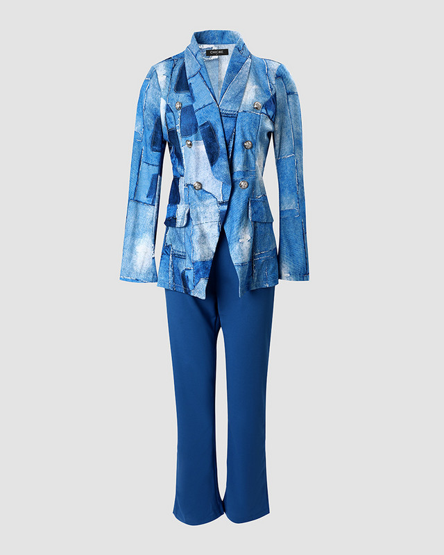 Naiste 2 tk riided ülikond, mood, teksariietus, prinditud kaherealine bleiser ja pükste komplekt vabaaja sügistalveriietus