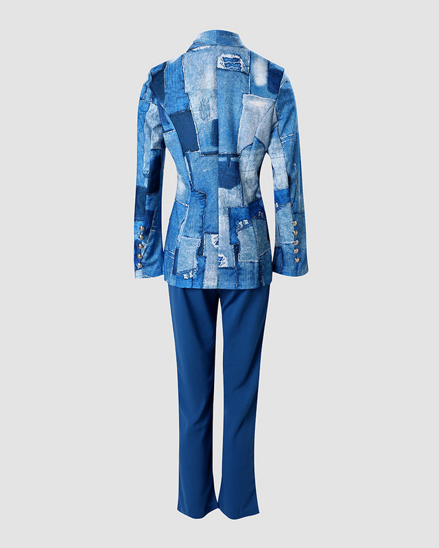 Naiste 2 tk riided ülikond, mood, teksariietus, prinditud kaherealine bleiser ja pükste komplekt vabaaja sügistalveriietus