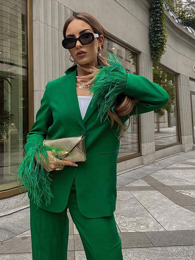 Blazer elegant pentru femeie, costum de haină pentru femei, mâneci cu pene, blazere și pantaloni cu talie înaltă, costum 2 piese, ținută de îmbrăcăminte exterioară pentru damă.