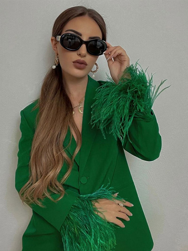 Blazer elegant pentru femeie, costum de haină pentru femei, mâneci cu pene, blazere și pantaloni cu talie înaltă, costum 2 piese, ținută de îmbrăcăminte exterioară pentru damă.