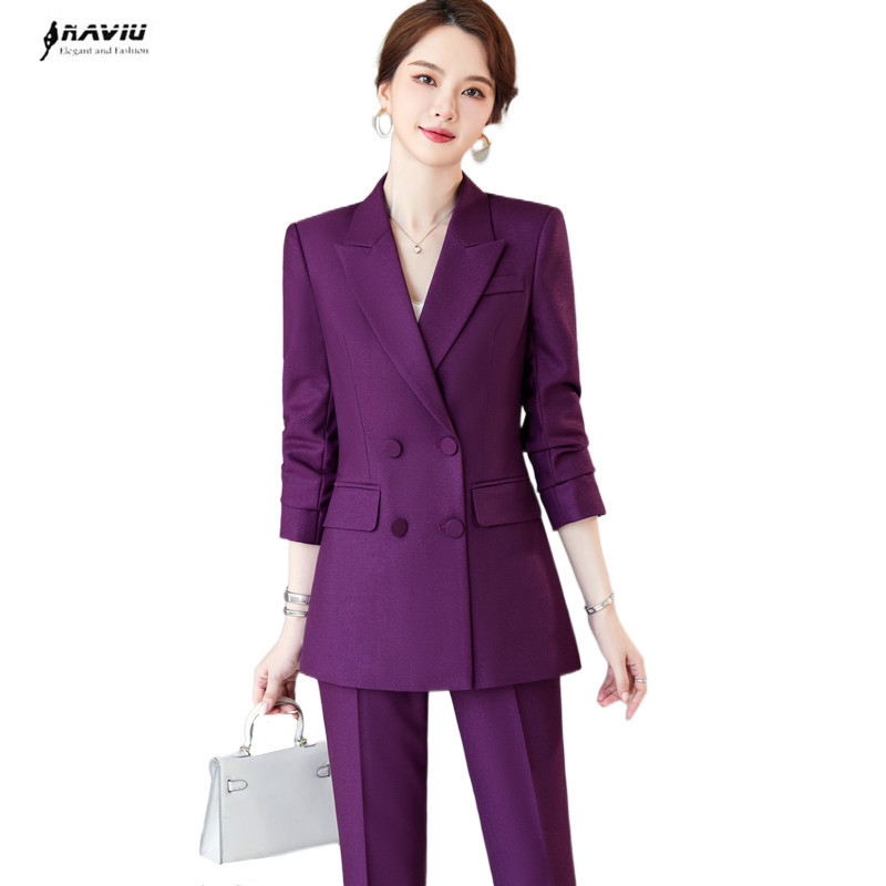 Naviu 2022 Χειμερινά Ρούχα Επίσημο Παντελόνι Γυναικείο Κοστούμι 2 τεμαχίων Σετ μακρυμάνικο χοντρό μπλέιζερ και μεσαίο παντελόνι εργασίας