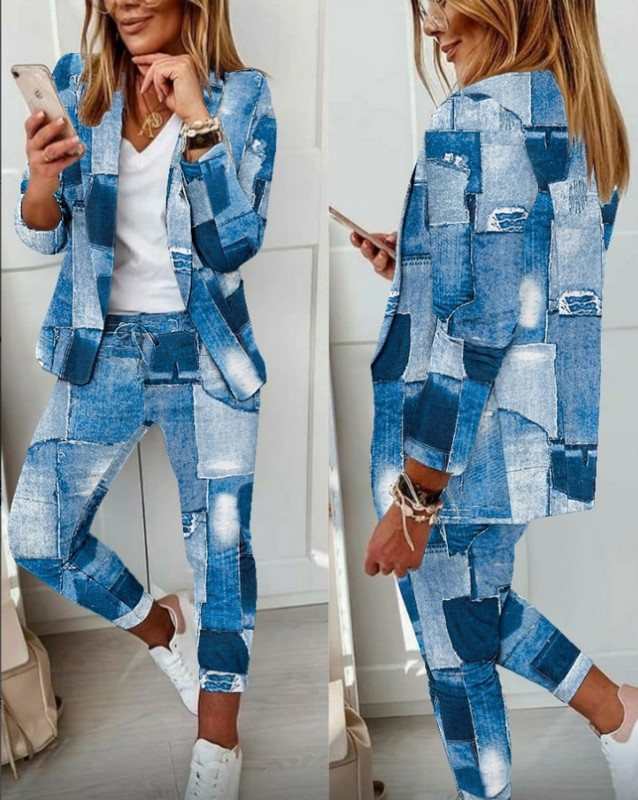 Γυναικεία κοστούμια σακάκι 2022 Μόδα φθινοπώρου Ombre Μακρυμάνικο σάλι με γιακά τσέπη και κομψό σετ παντελόνι εργασίας με μακρύ κορδόνι