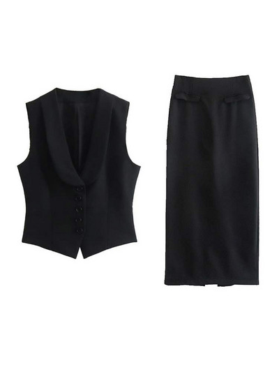 Seturi de vestă cu decolteu în V cu revere pentru femei, la modă, solidă, fustă One Pace, set de 2 bucăți, primăvară 2023, nou ocazional, pentru dama, topuri scurte, costume