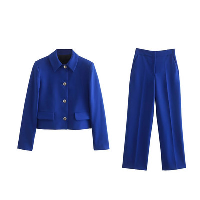 TRAF 2023 Femeie 2 Piese Seturi Moda Nasturi metalici Blazer scurt Jachetă Palton Topuri + Pantaloni lungi subțiri Seturi de navetă cauzală