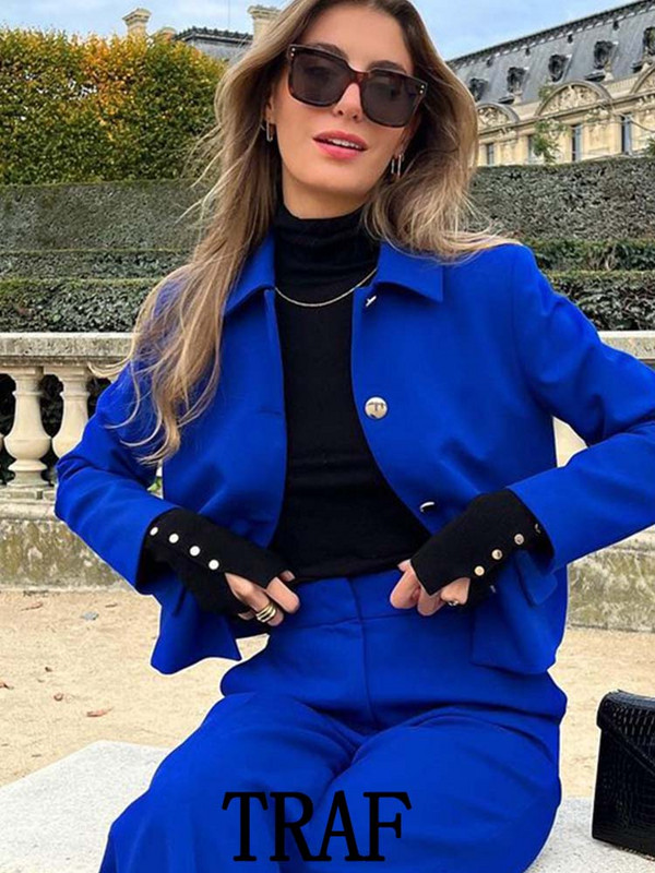 TRAF 2023 Femeie 2 Piese Seturi Moda Nasturi metalici Blazer scurt Jachetă Palton Topuri + Pantaloni lungi subțiri Seturi de navetă cauzală