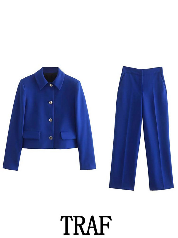 TRAF 2023 Femeie 2 Piese Seturi Moda Nasturi metalici Blazer scurt Jachetă Palton Topuri + Pantaloni lungi subțiri Seturi de navetă cauzală