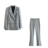 TRAF 2022 Γκρι Office Lady Autumn Fashion Slim γυναικείες φόρμες με διπλό στήθος με φερμουάρ και φερμουάρ Σετ παντελόνια αερισμού μέχρι τον αστράγαλο