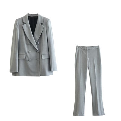 TRAF 2022 Γκρι Office Lady Autumn Fashion Slim γυναικείες φόρμες με διπλό στήθος με φερμουάρ και φερμουάρ Σετ παντελόνια αερισμού μέχρι τον αστράγαλο