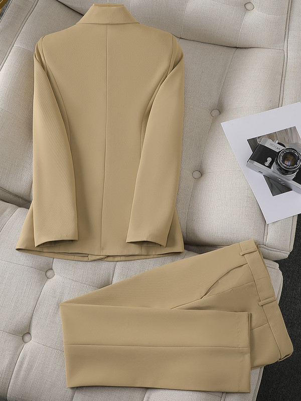 Costum cu pantaloni pentru femei, pentru femei, haine formale de afaceri, blazer și pantaloni, kaki, roz, negru, mânecă lungă, set 2 piese