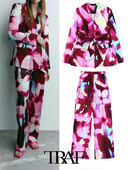 TRAF 2023 naiste bleiserpükste ülikond OL siidist satiinist bleiser + trükitud sirged pikad püksid, põhilised põhjuslikud rõivad