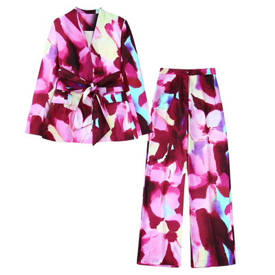 TRAF 2023 naiste bleiserpükste ülikond OL siidist satiinist bleiser + trükitud sirged pikad püksid, põhilised põhjuslikud rõivad