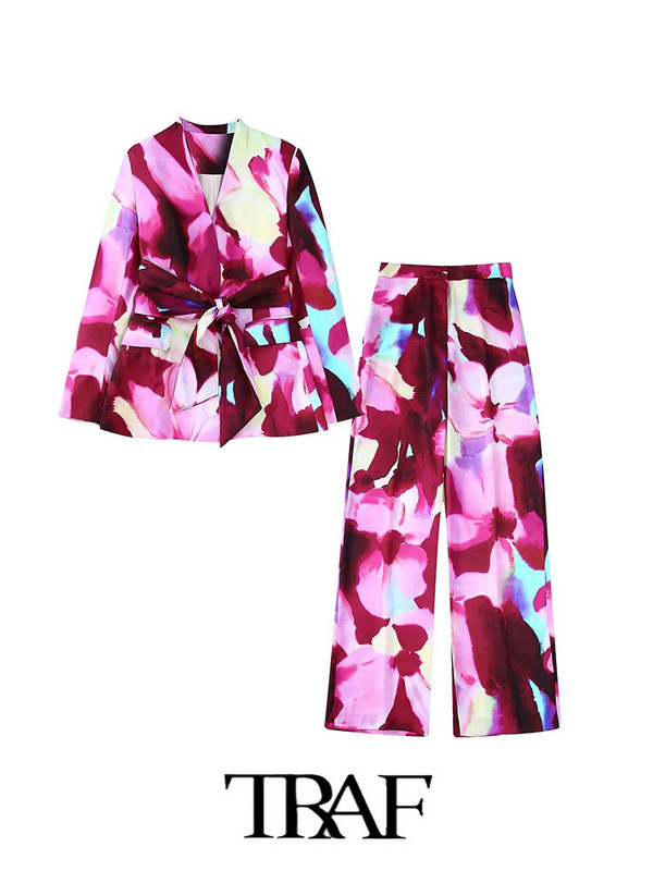 TRAF 2023 naiste bleiserpükste ülikond OL siidist satiinist bleiser + trükitud sirged pikad püksid, põhilised põhjuslikud rõivad