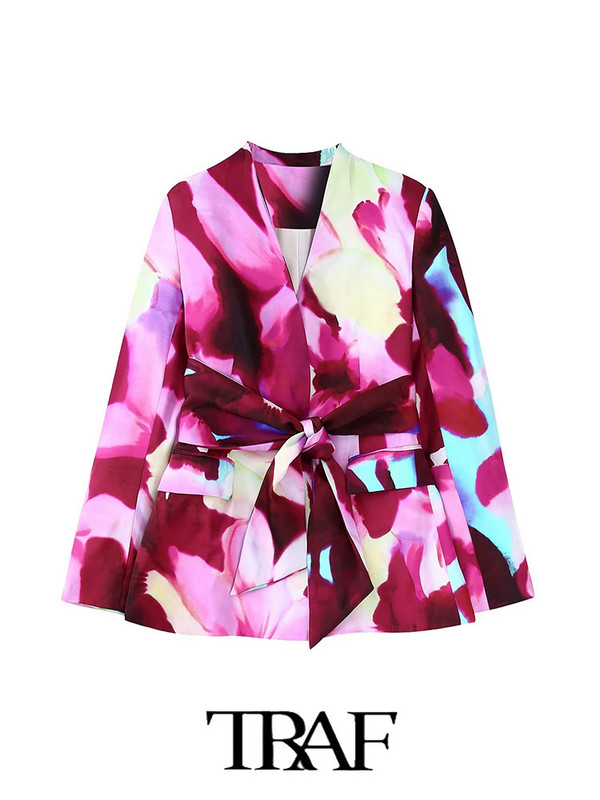 TRAF 2023 naiste bleiserpükste ülikond OL siidist satiinist bleiser + trükitud sirged pikad püksid, põhilised põhjuslikud rõivad