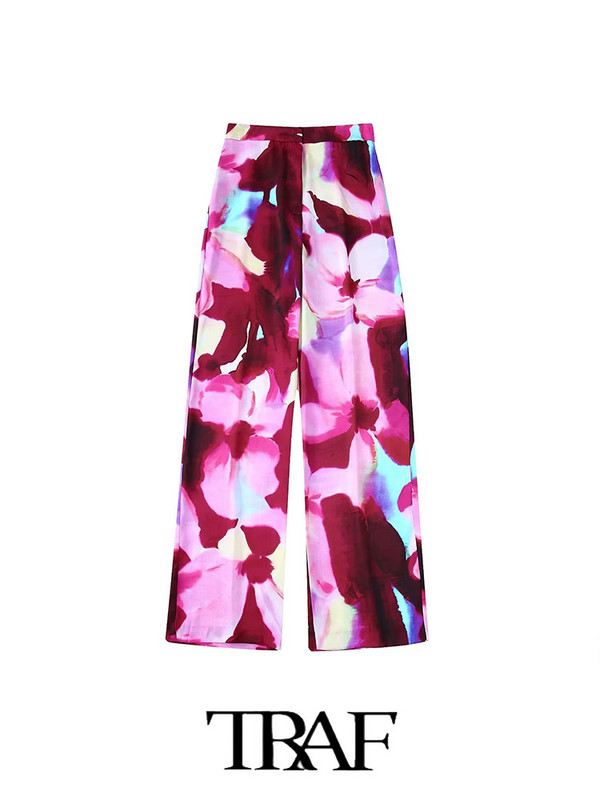 TRAF 2023 naiste bleiserpükste ülikond OL siidist satiinist bleiser + trükitud sirged pikad püksid, põhilised põhjuslikud rõivad