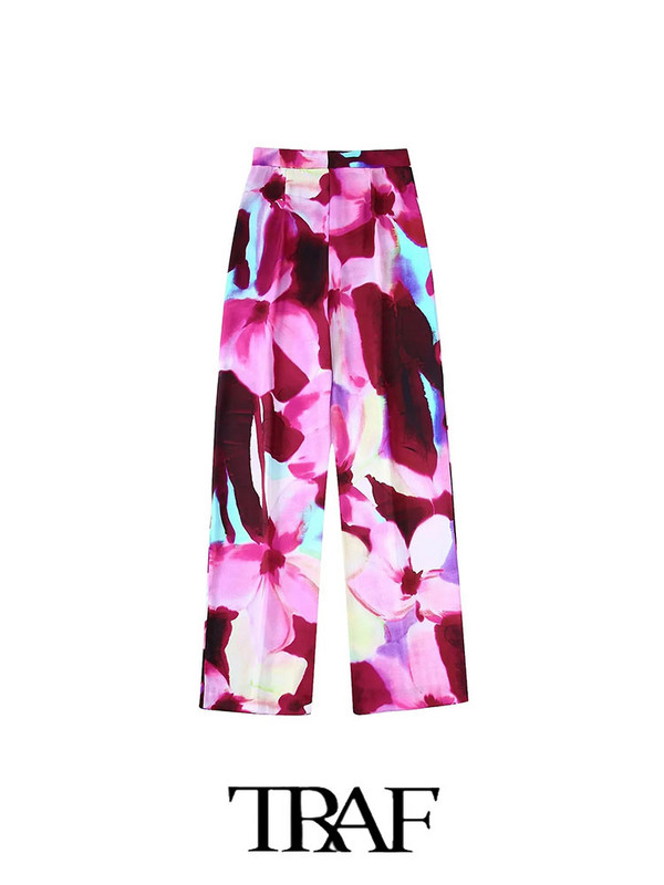 TRAF 2023 naiste bleiserpükste ülikond OL siidist satiinist bleiser + trükitud sirged pikad püksid, põhilised põhjuslikud rõivad