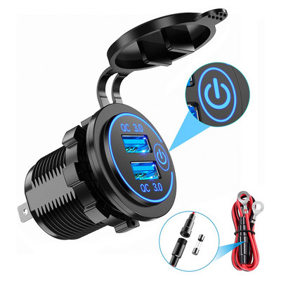 Ursuniot Αδιάβροχος φορτιστής αυτοκινήτου QC3.0 με διακόπτη αφής Μετασχηματιστής τροφοδοσίας διπλών θυρών USB DIY KIT για φορτηγό μοτοσικλέτας 12V/24V