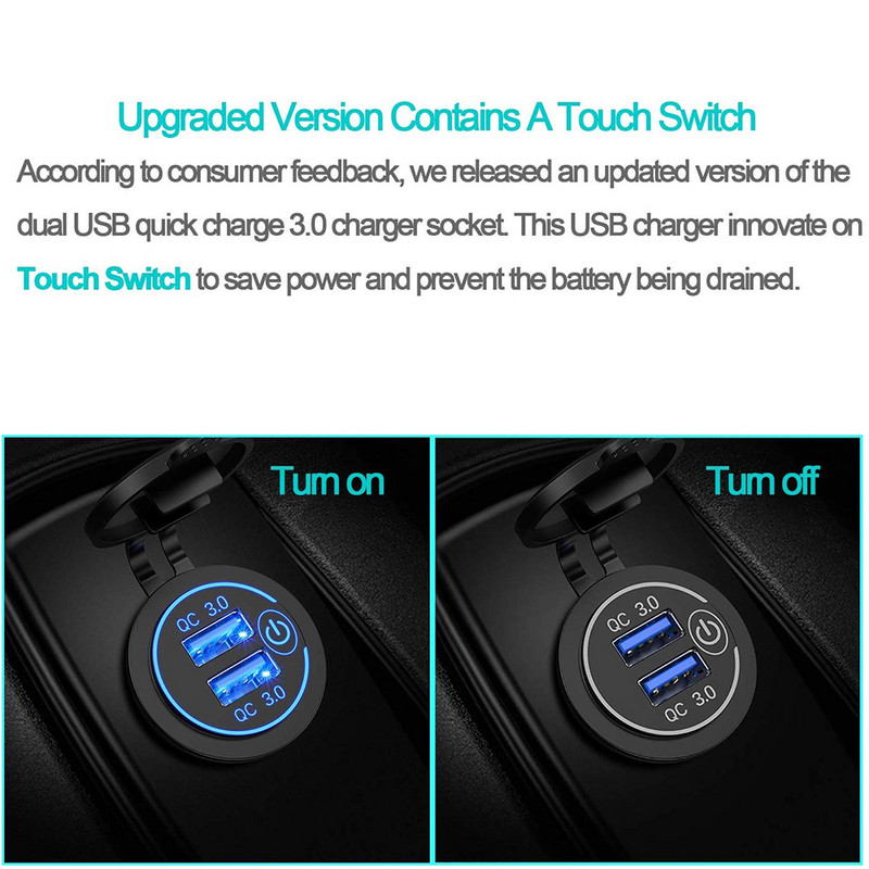 Ursuniot Αδιάβροχος φορτιστής αυτοκινήτου QC3.0 με διακόπτη αφής Μετασχηματιστής τροφοδοσίας διπλών θυρών USB DIY KIT για φορτηγό μοτοσικλέτας 12V/24V