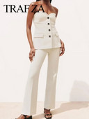 TRAF ZA Blazer + pantaloni pentru navetiști fără mâneci, fără umeri, subțire, cu un singur piept, set de pantaloni drepți.