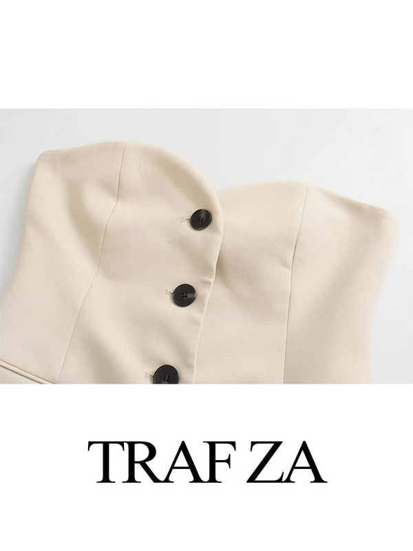 TRAF ZA Blazer + pantaloni pentru navetiști fără mâneci, fără umeri, subțire, cu un singur piept, set de pantaloni drepți.