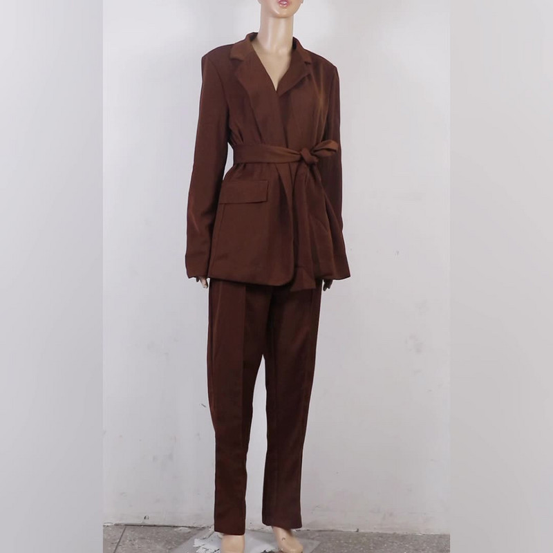 CRLAYDK 2 piese ținute pentru femei Blazer cu mâneci lungi cu curea pantaloni buzunar dantela serviciu birou business dama costume casual seturi