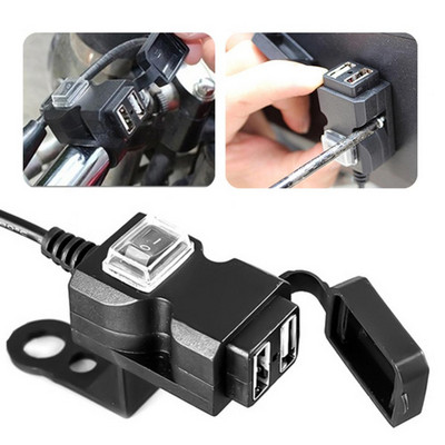 Motocikla stūres ūdensnecaurlaidīgs lādētājs 12-24V/9-90V Dual USB porti Atpakaļskata spoguļa tālruņa lādētājs elektrisko transportlīdzekļu daļām