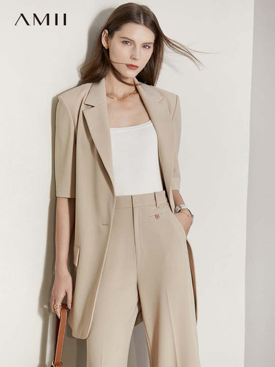 Amii Minimalism Blazer de vară pentru femei Mâneci scurte Office Lady Jachetă lungă Talie înaltă Pantaloni drepți Pantaloni de femeie 12230101