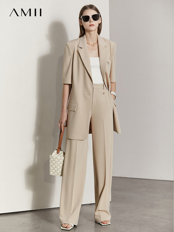 Amii Minimalism Blazer de vară pentru femei Mâneci scurte Office Lady Jachetă lungă Talie înaltă Pantaloni drepți Pantaloni de femeie 12230101