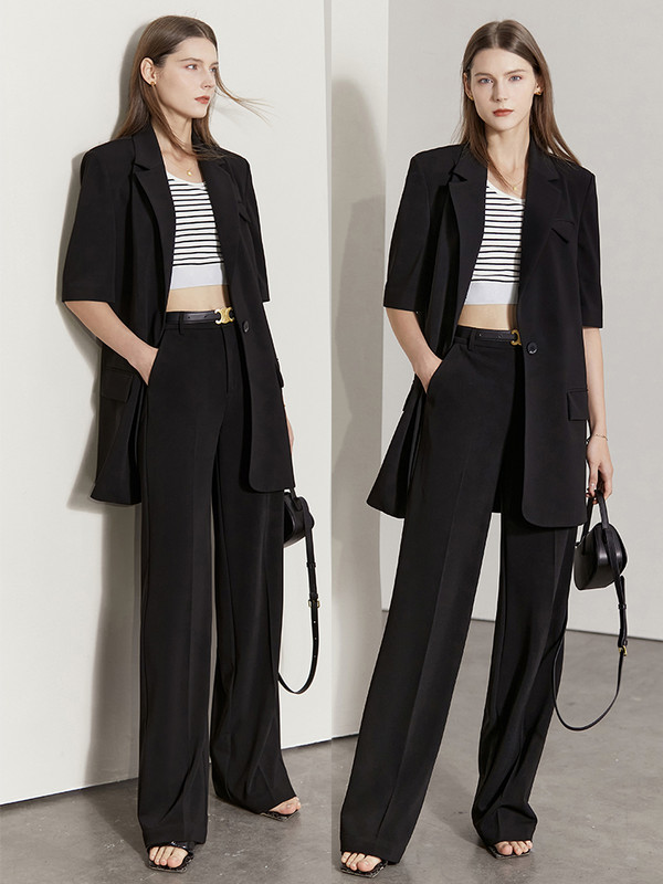 Amii Minimalism Blazer de vară pentru femei Mâneci scurte Office Lady Jachetă lungă Talie înaltă Pantaloni drepți Pantaloni de femeie 12230101