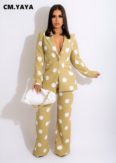 CM.YAYA Primăvară Iarnă Buline Femei Set 2 2 piese Ținută Blazer la un singur piept și Costum Pantaloni Drepți Trening Office Lady
