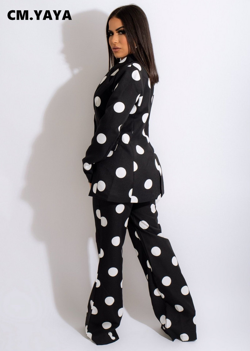 CM.YAYA Primăvară Iarnă Buline Femei Set 2 2 piese Ținută Blazer la un singur piept și Costum Pantaloni Drepți Trening Office Lady