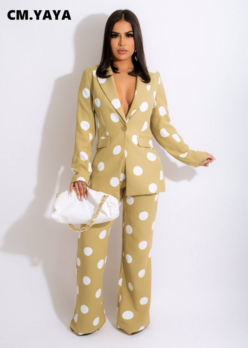 CM.YAYA Primăvară Iarnă Buline Femei Set 2 2 piese Ținută Blazer la un singur piept și Costum Pantaloni Drepți Trening Office Lady