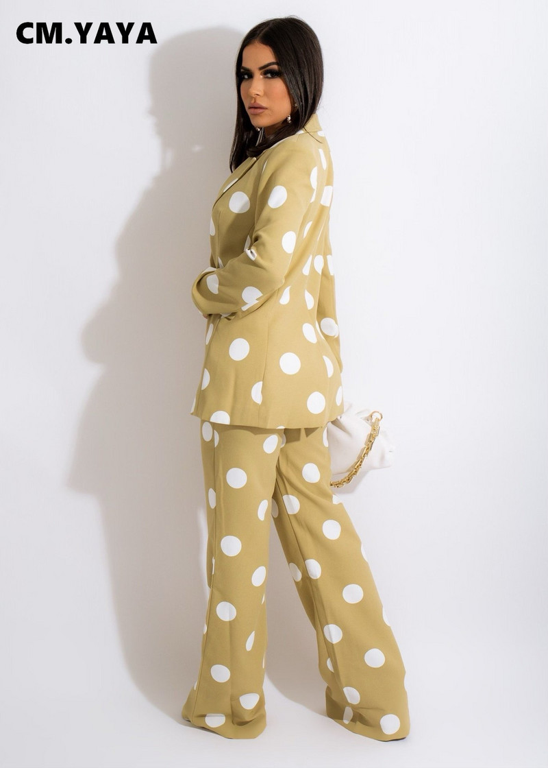 CM.YAYA Primăvară Iarnă Buline Femei Set 2 2 piese Ținută Blazer la un singur piept și Costum Pantaloni Drepți Trening Office Lady