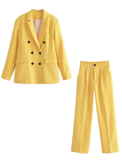 Ženska ležerna jakna sa jaknom i jaknom s dvostrukim kopčanjem i reverima s urezima i duplim kopčanjem Jednobojna ženska odijela s dugim hlačama Radna uredska odjeća