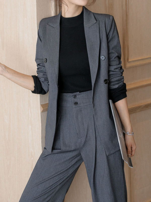 Ανοιξιάτικο ανοιξιάτικο κοστούμι παντελόνι σακάκι μόδας μακρυμάνικο σακάκι + φαρδύ παντελόνι 2 τεμαχίων σετ γραφείου Γυναικείο επαγγελματικό κοστούμι παντελονιού