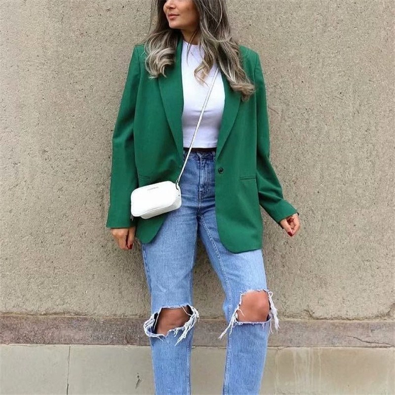 Ženski vintage zeleni široki blejzer odijela Proljeće 2022. Elegantna ženska ulična odjeća Jednobojni odgovarajući setovi Žensko odijelo s visokim hlačama