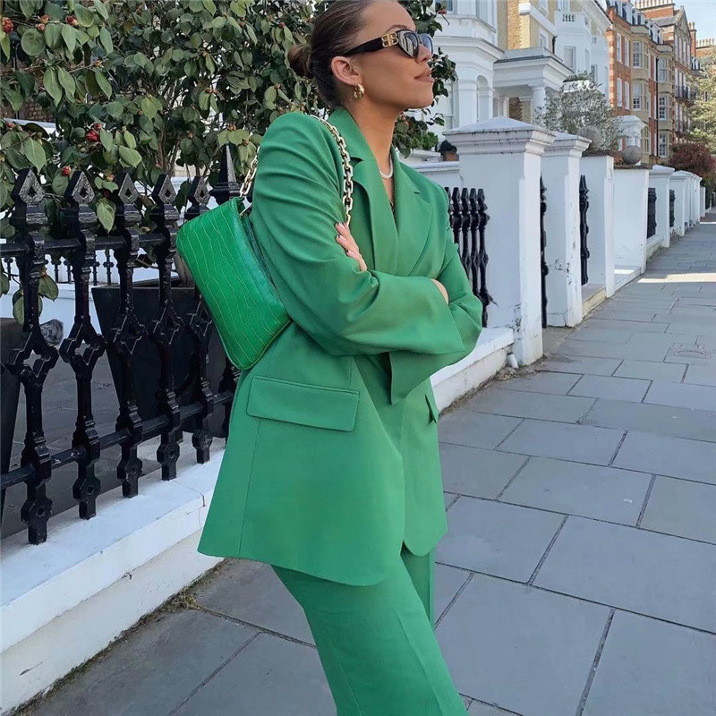 Ženski vintage zeleni široki blejzer odijela Proljeće 2022. Elegantna ženska ulična odjeća Jednobojni odgovarajući setovi Žensko odijelo s visokim hlačama