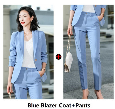 Naiste kontor Elegantne sinine OL Stiilid Ärirõivad Pükskostüümid Naiste Professionaalsed Sügistalvine Intervjuu Bleiserid Riided